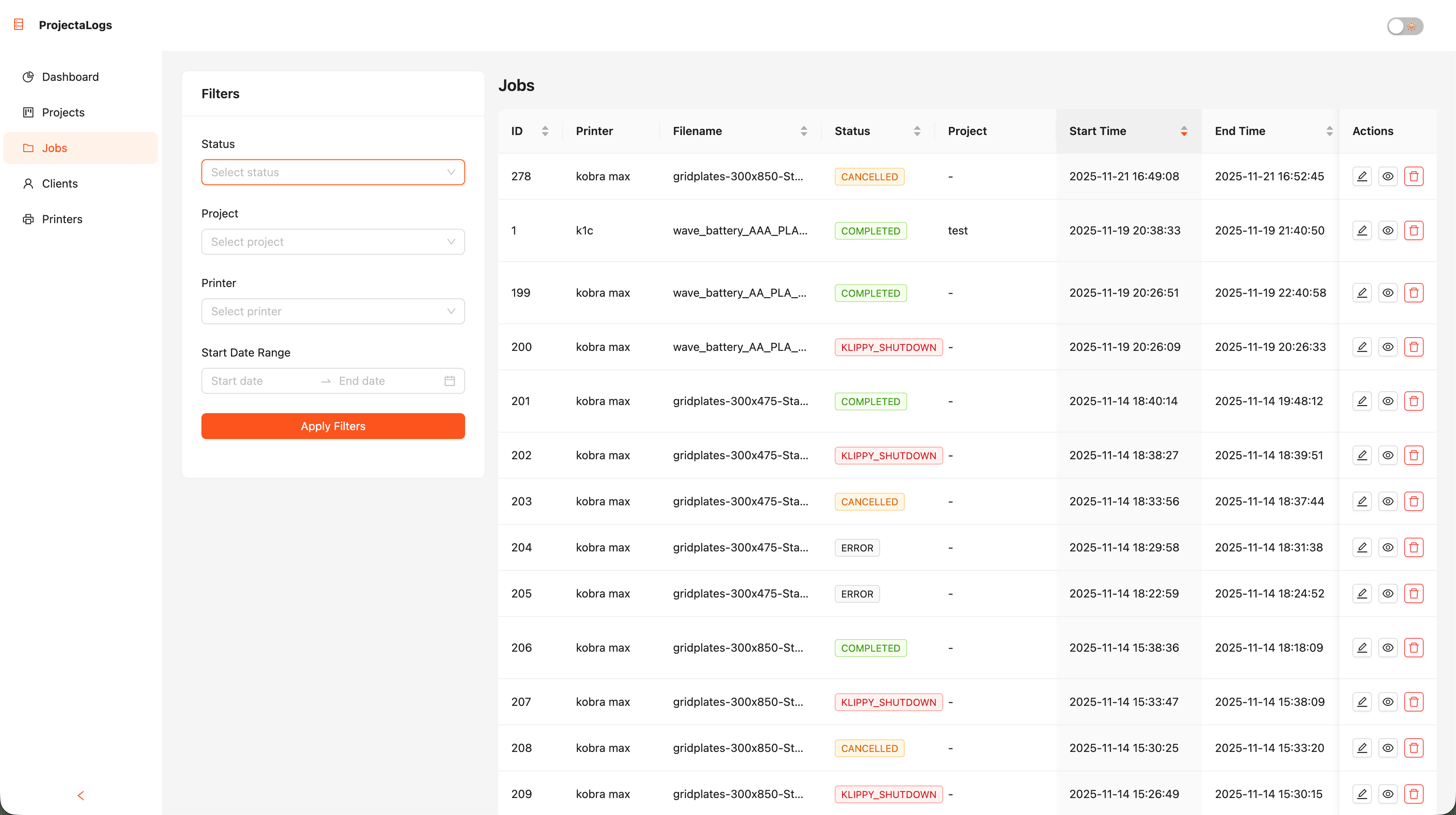 ProjectaLogs projects view
